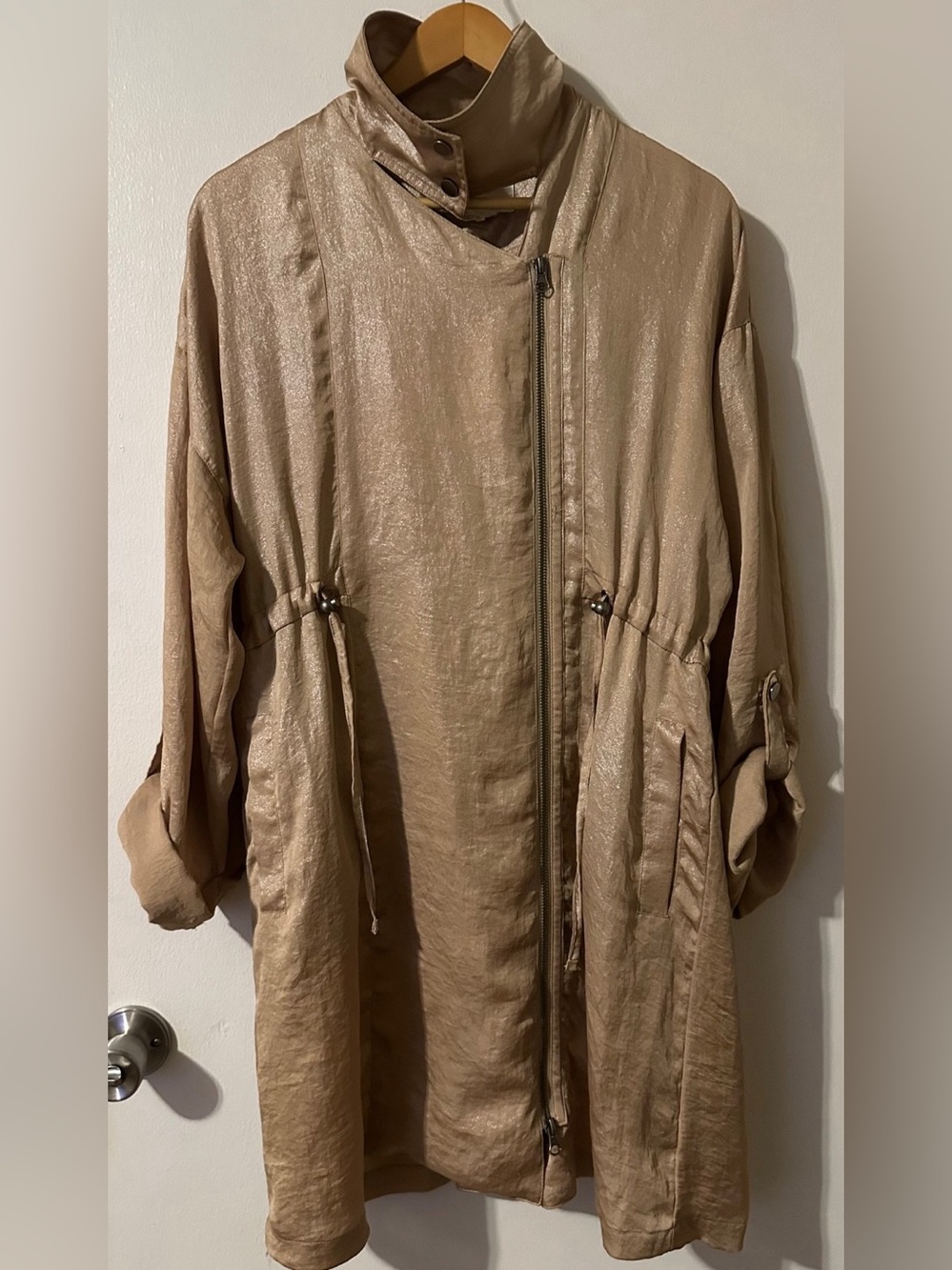 By Anthropologie Women XS Anorak Full Zip Jacket Metallic Gold Satin Boho Travel